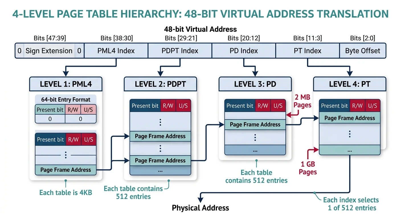 4-level page table hierarchy with PML4, PDPT, PD, and PT translating 48-bit virtual addresses