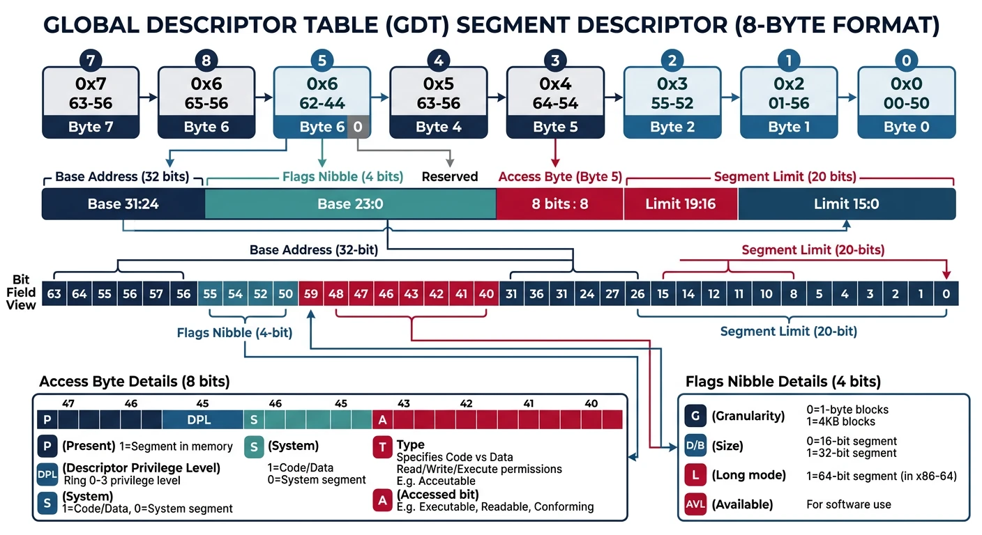 Global Descriptor Table structure with segment descriptor format