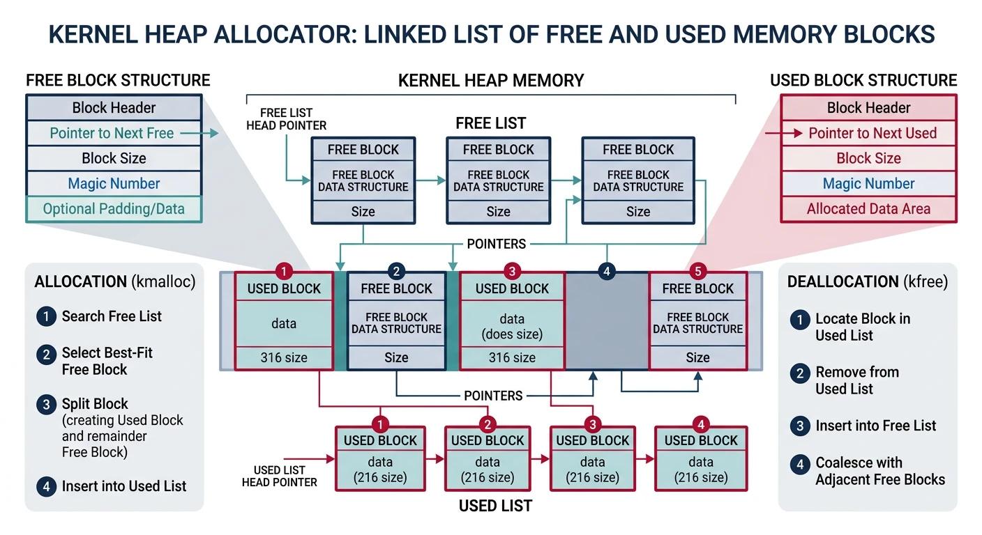 Kernel heap allocator with linked list of free and used memory blocks