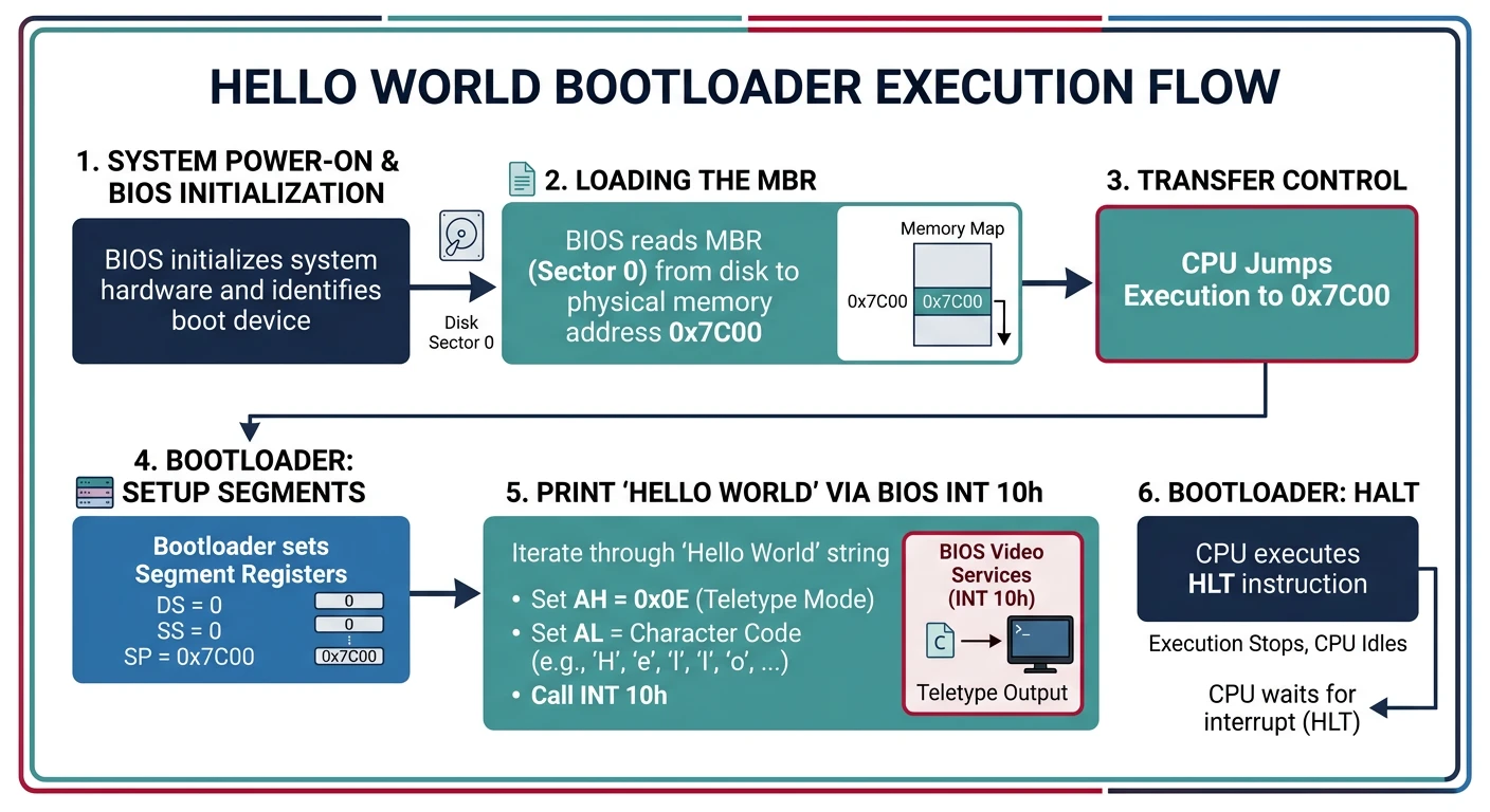 Hello World bootloader execution flow in QEMU