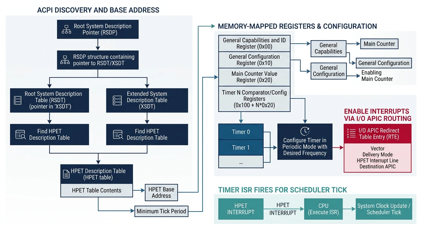 HPET timer discovery via ACPI tables and register-based configuration