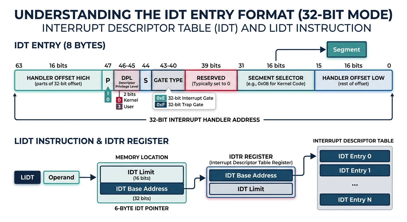 Interrupt Descriptor Table entry format with interrupt gate structure