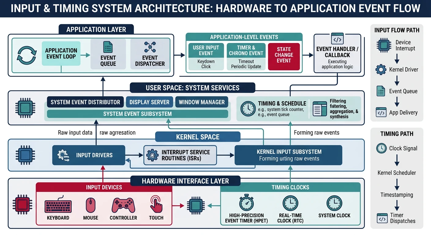 Input and timing system architecture showing hardware to application event flow