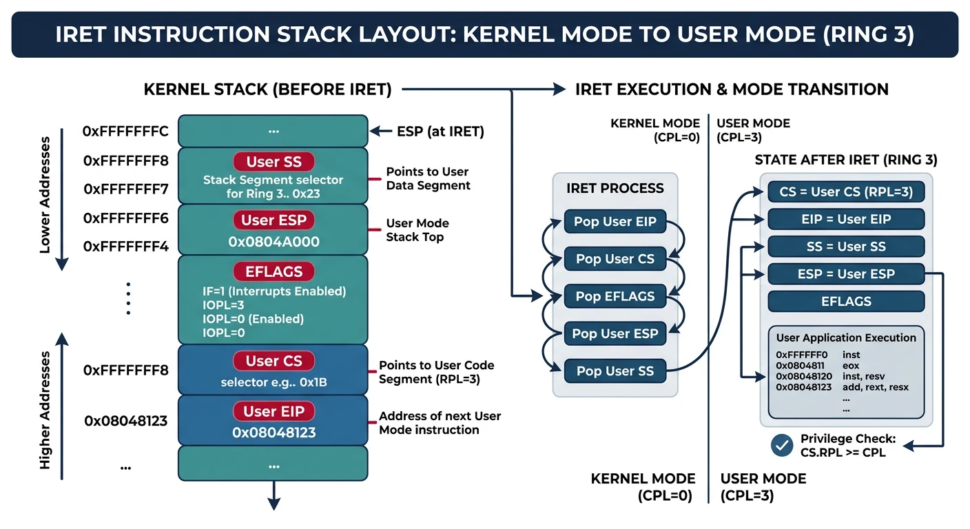 IRET instruction stack layout for transitioning from kernel mode to user mode Ring 3