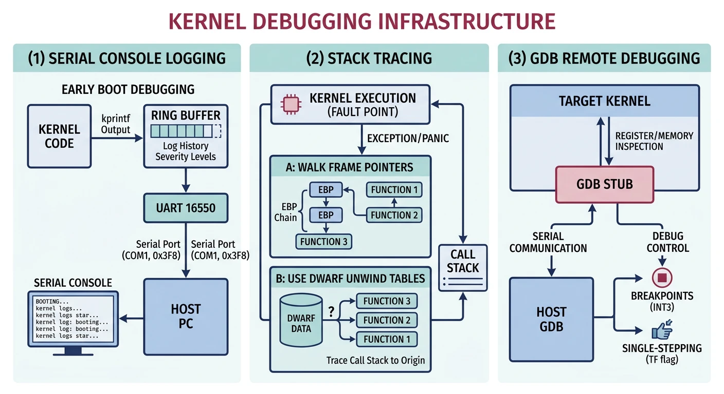 Kernel debugging infrastructure with serial logging and stack tracing
