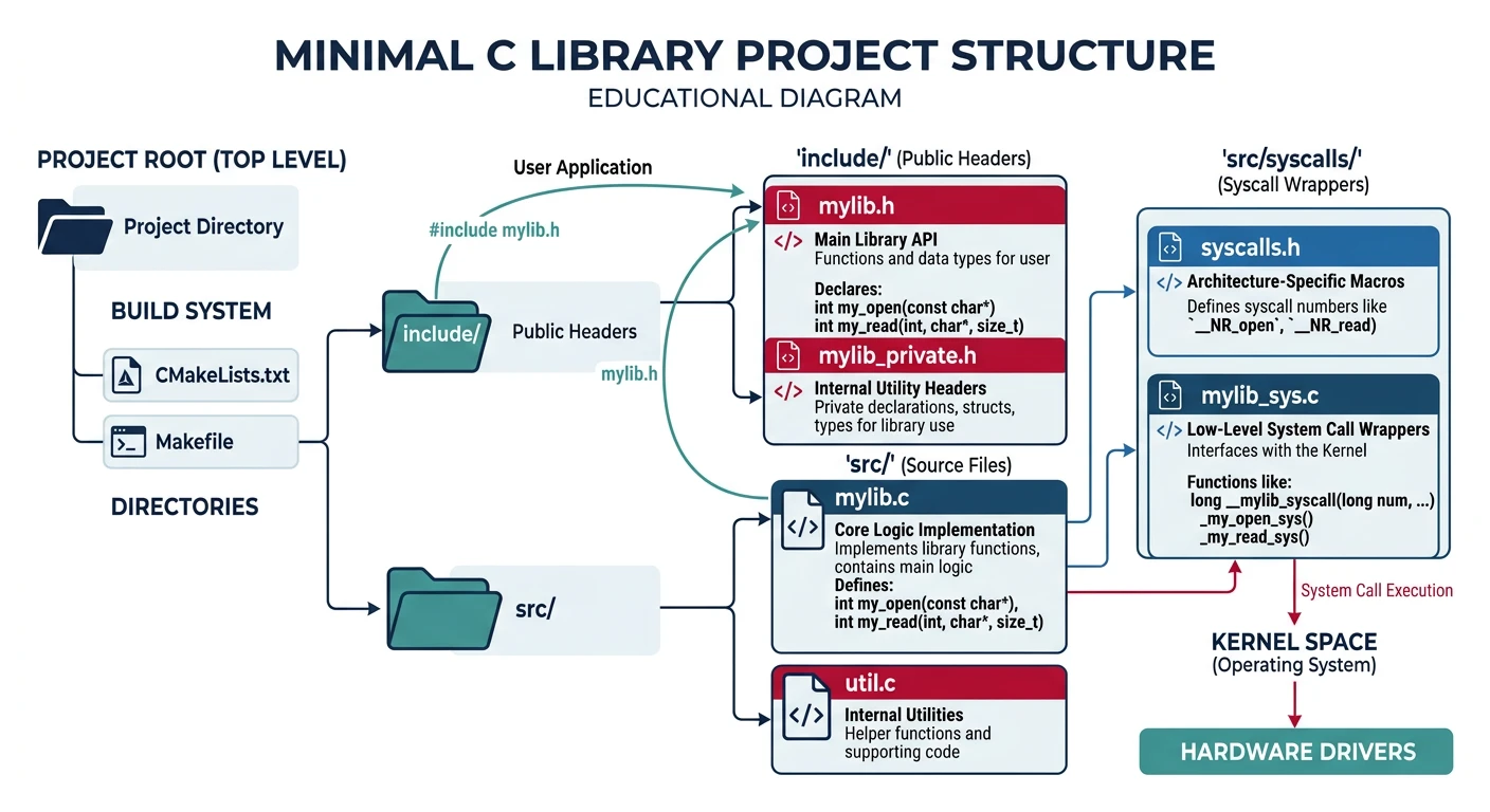Minimal C library project structure with headers, source files, and syscall wrappers
