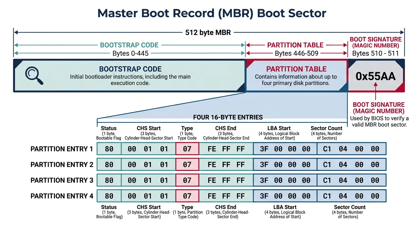 Master Boot Record 512-byte boot sector structure