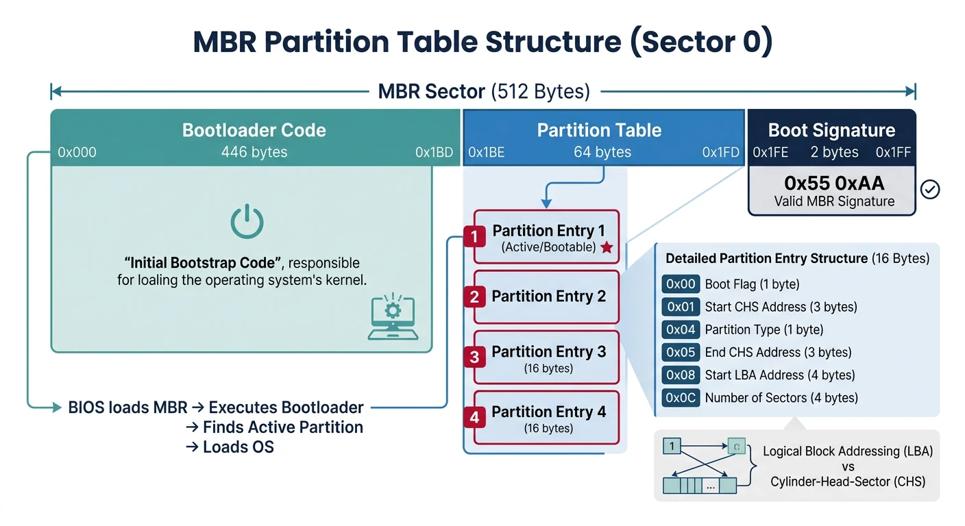 MBR partition table structure in sector 0 with bootloader code and four partition entries