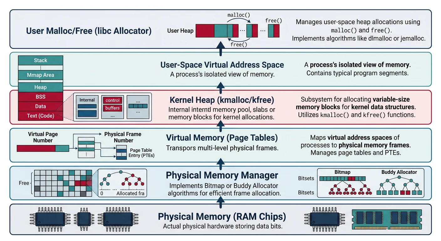 Complete memory management stack from hardware to user applications