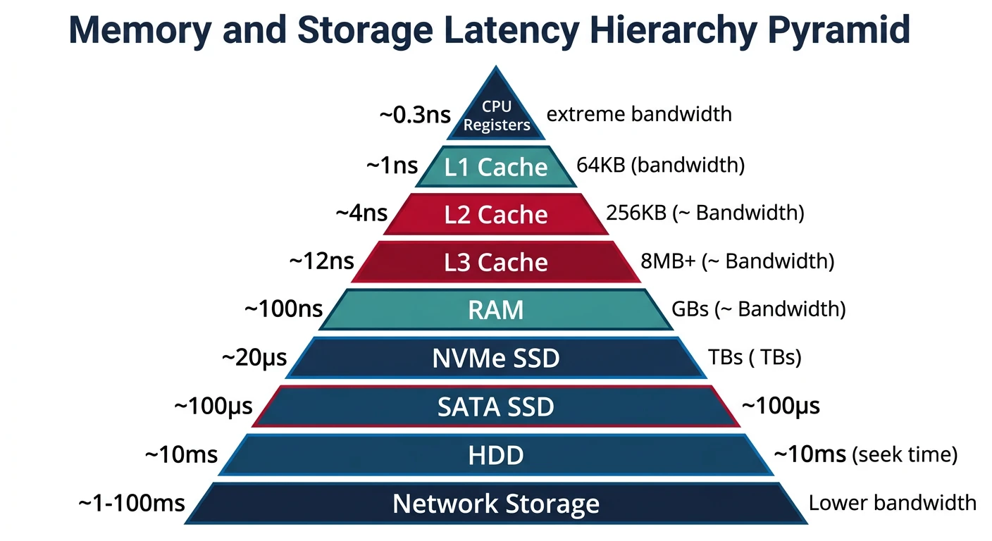 Memory and storage latency hierarchy from registers to disk