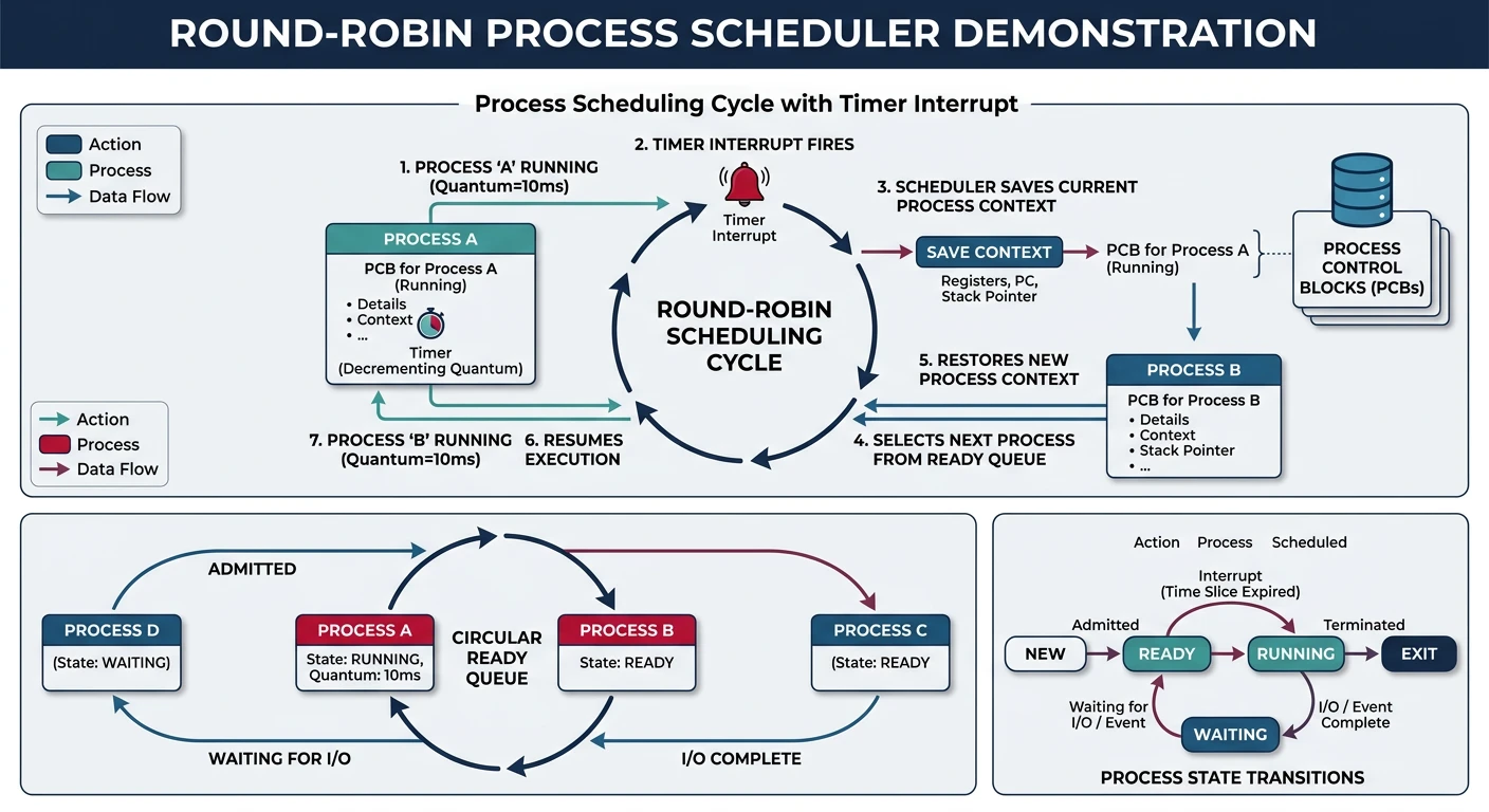 Multitasking demonstration with scheduler round-robin switching between three processes