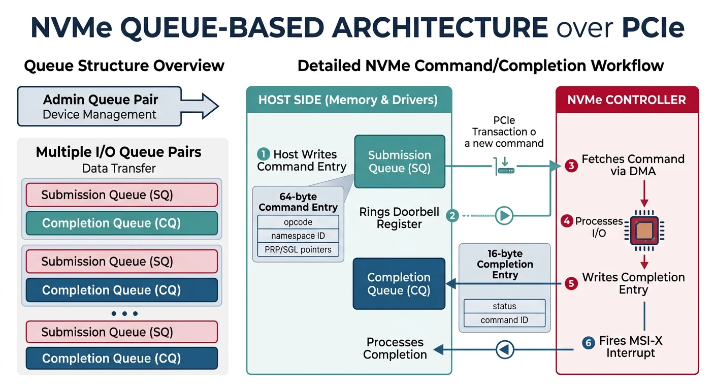 NVMe submission and completion queue architecture over PCIe
