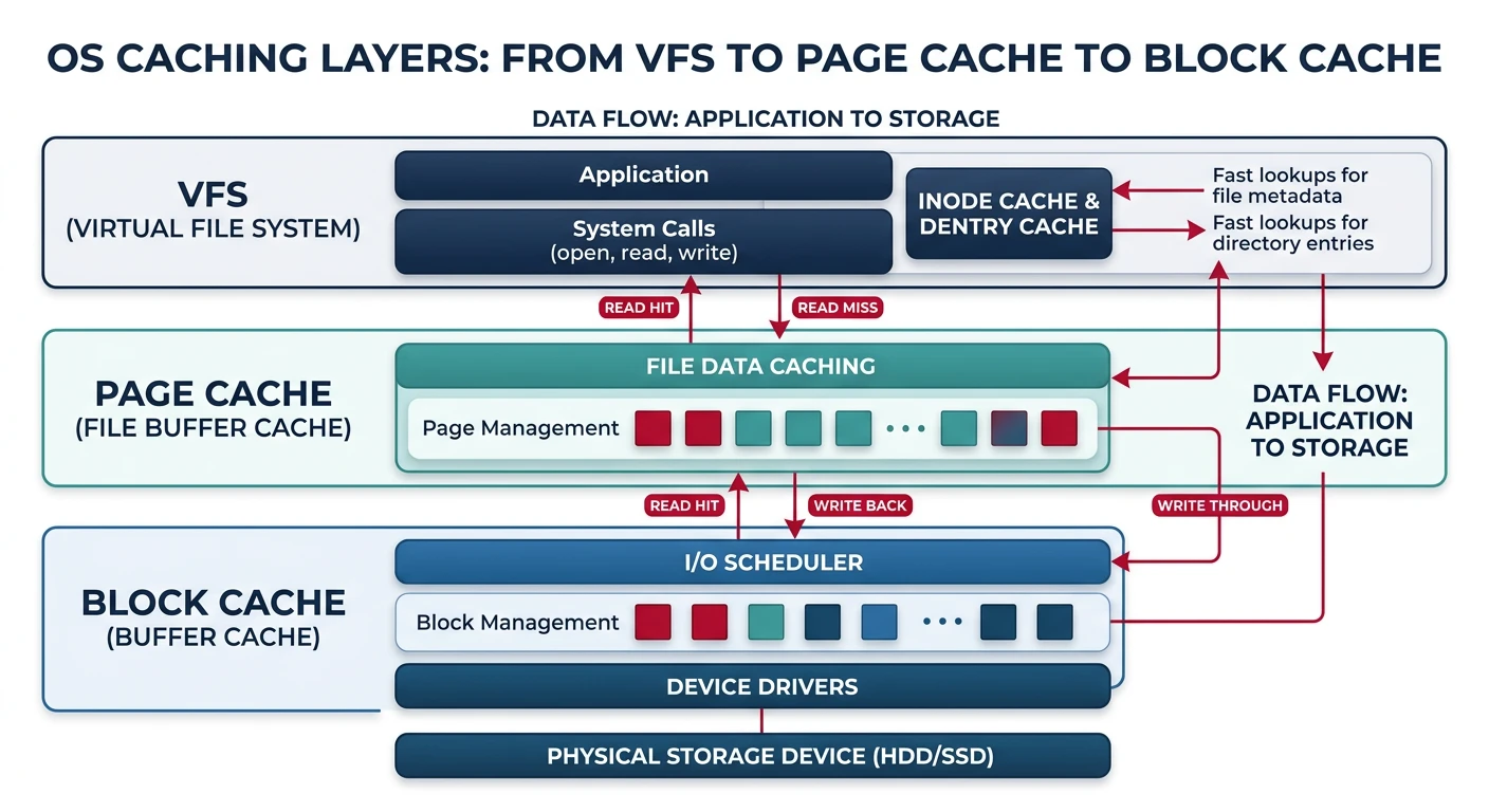 OS caching layers from VFS to page cache to block cache