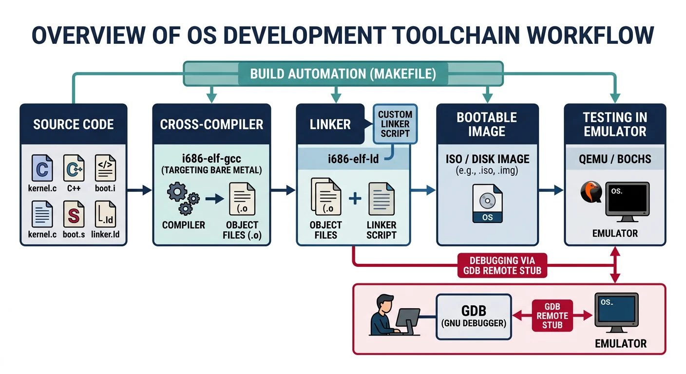 OS development toolchain with cross-compiler and emulator