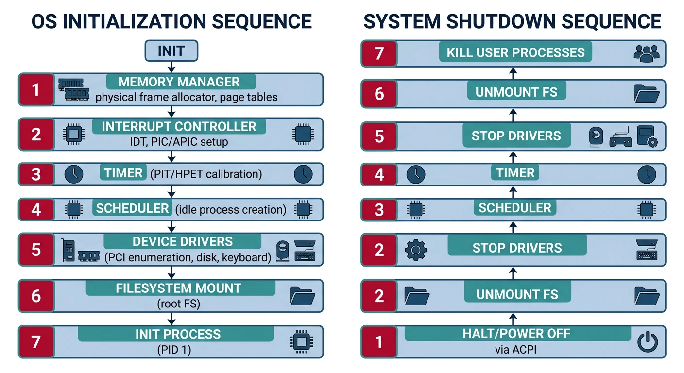 OS initialization and shutdown lifecycle with subsystem ordering