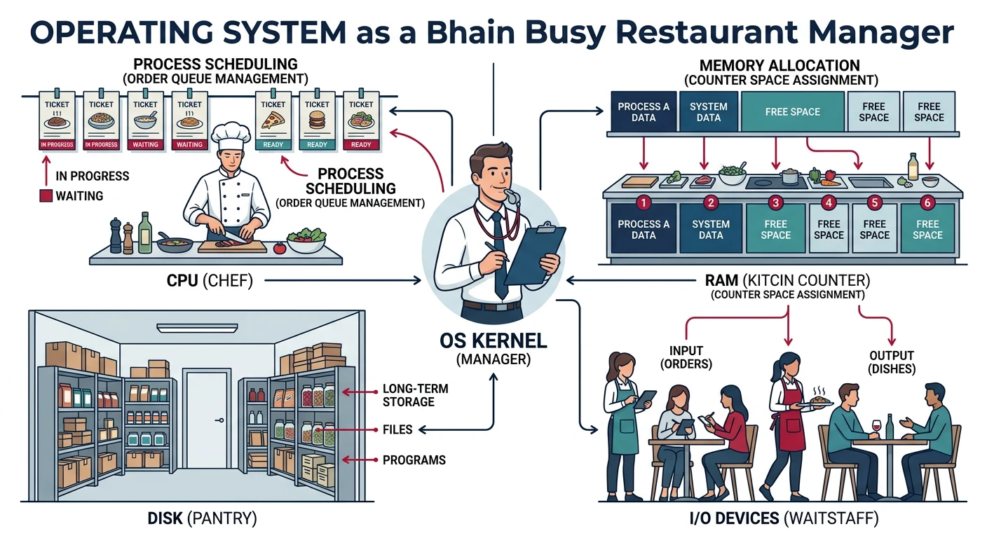 Operating system as a restaurant manager coordinating hardware resources