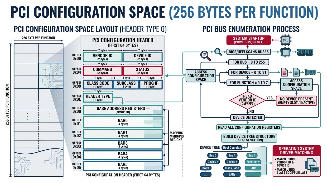 PCI configuration space layout and bus enumeration process