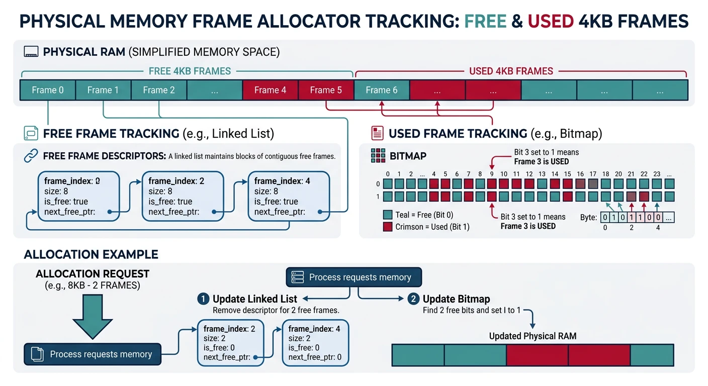 Physical memory frame allocator tracking free and used 4KB frames