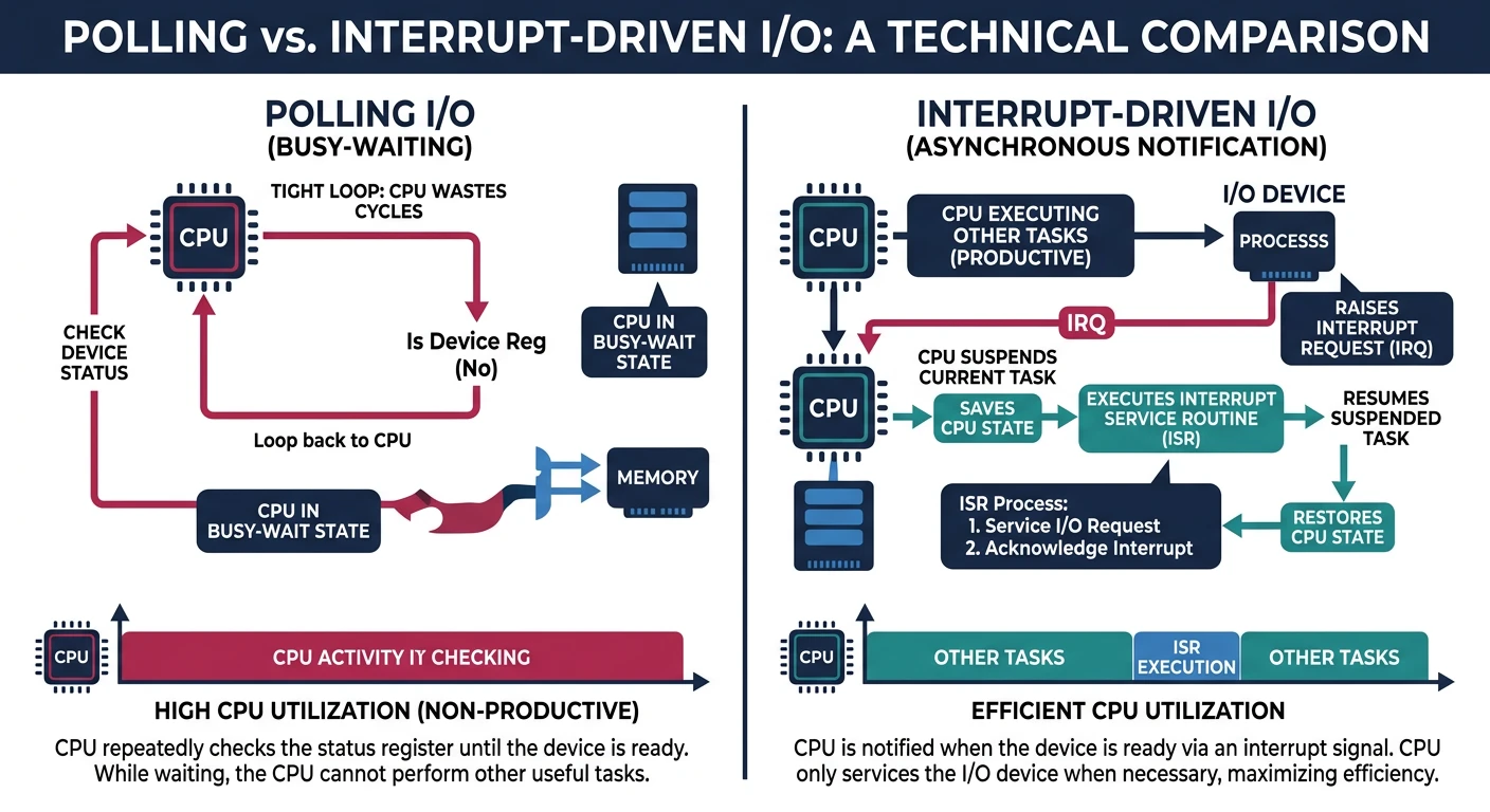 Polling vs interrupt-driven I/O comparison