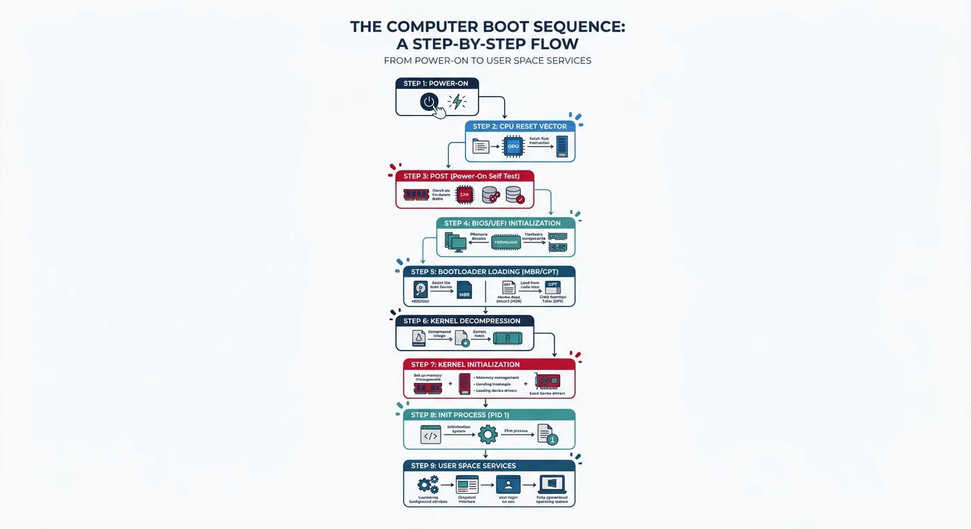 Computer boot journey from power-on to kernel execution