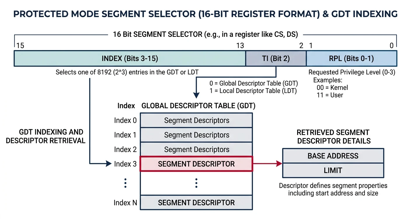 Protected mode segment selectors indexing into the GDT