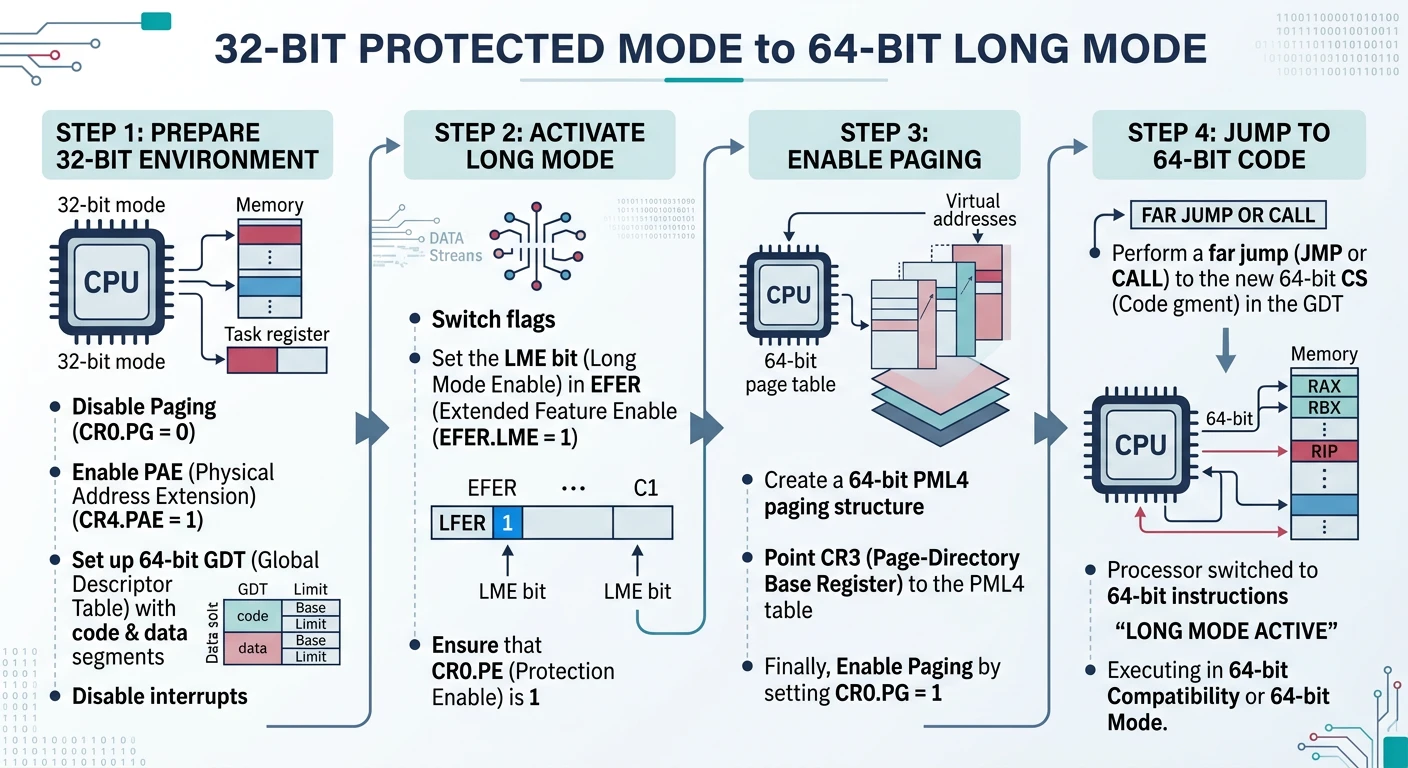 Step-by-step transition from 32-bit protected mode to 64-bit long mode