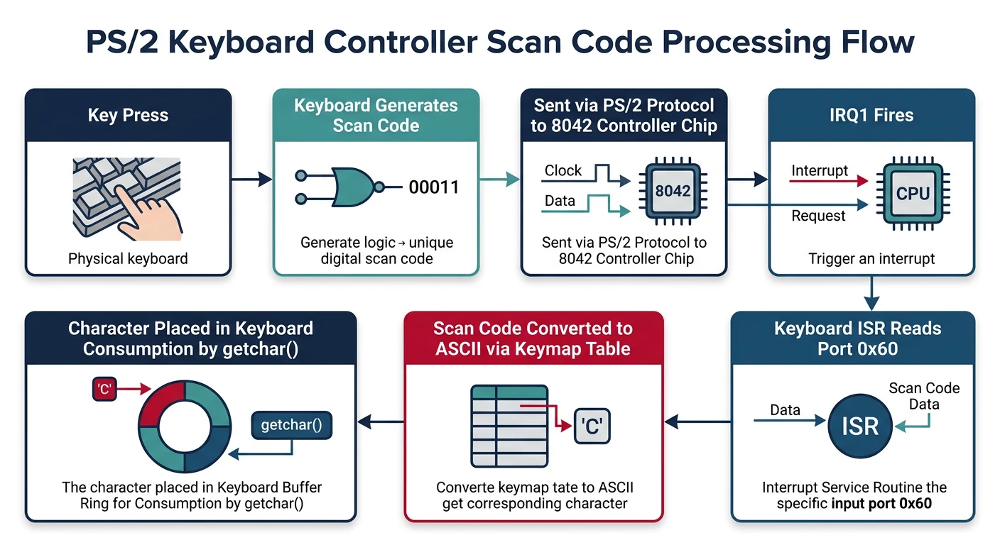 PS/2 keyboard controller scan code processing flow