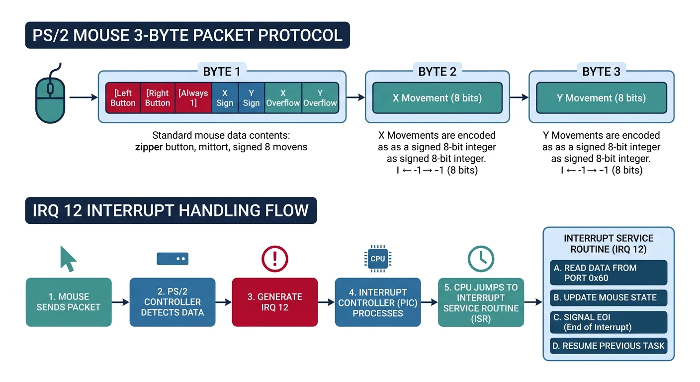 PS/2 mouse 3-byte packet protocol and IRQ 12 interrupt handling