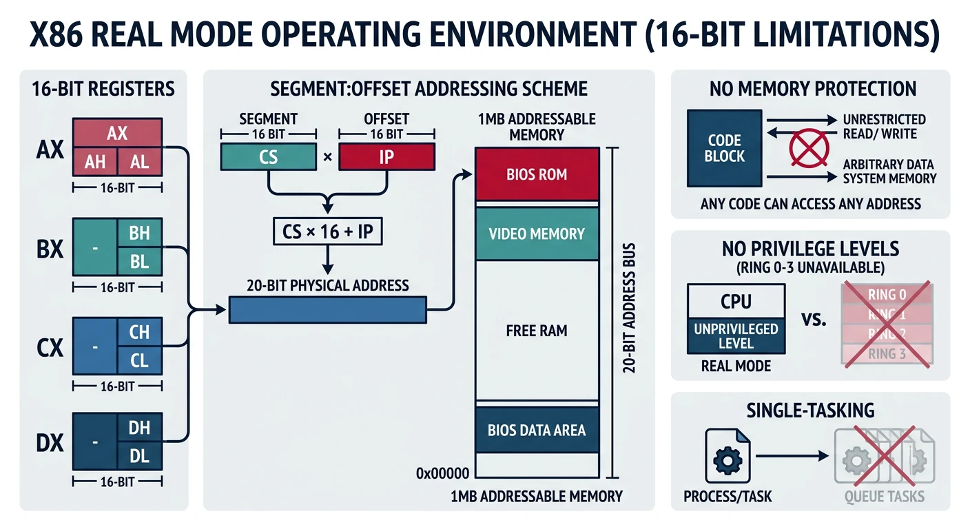 Real mode 16-bit CPU operating environment and limitations