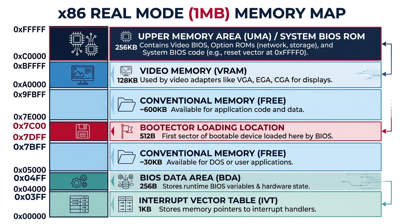 Real mode memory map showing the first 1MB layout