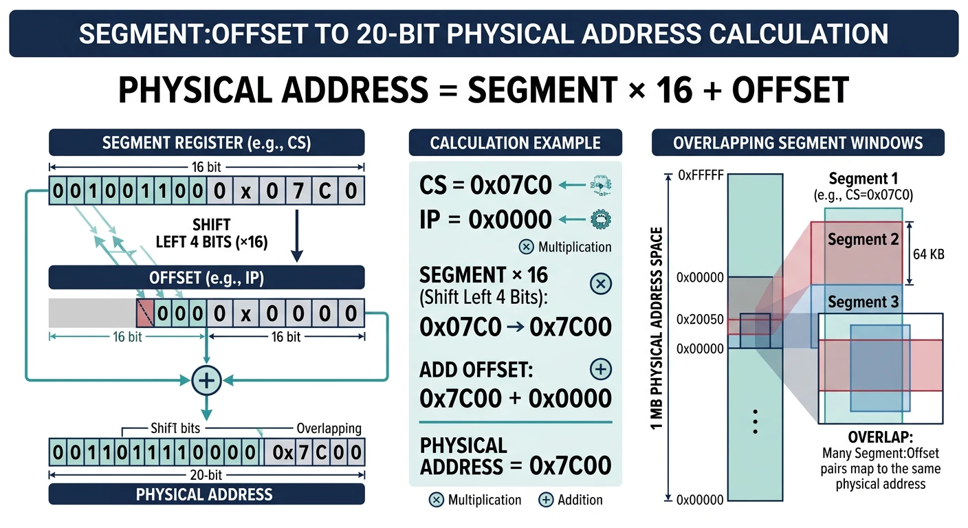 Segment:offset memory addressing with 20-bit physical address calculation