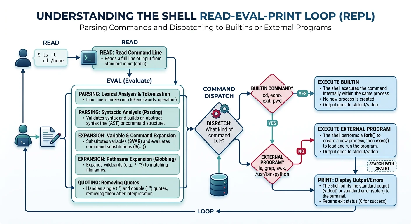 Shell read-eval-print loop parsing commands and dispatching to builtins or external programs