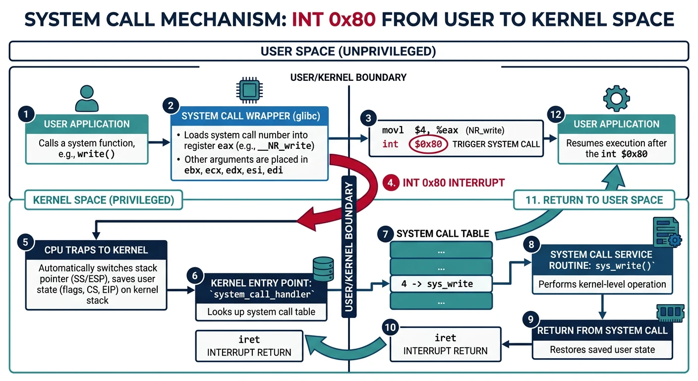System call mechanism using INT 0x80 to transition from user space to kernel space