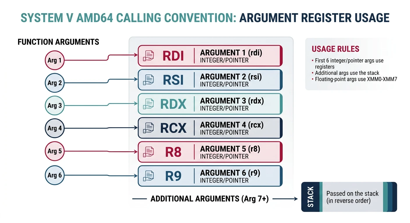 System V AMD64 calling convention showing argument registers RDI, RSI, RDX, RCX, R8, R9