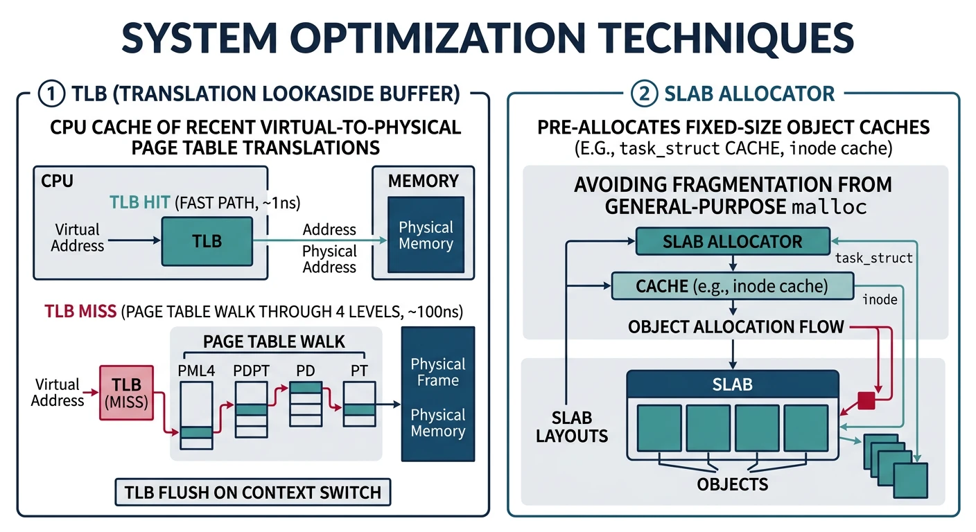 TLB and slab allocator optimization techniques