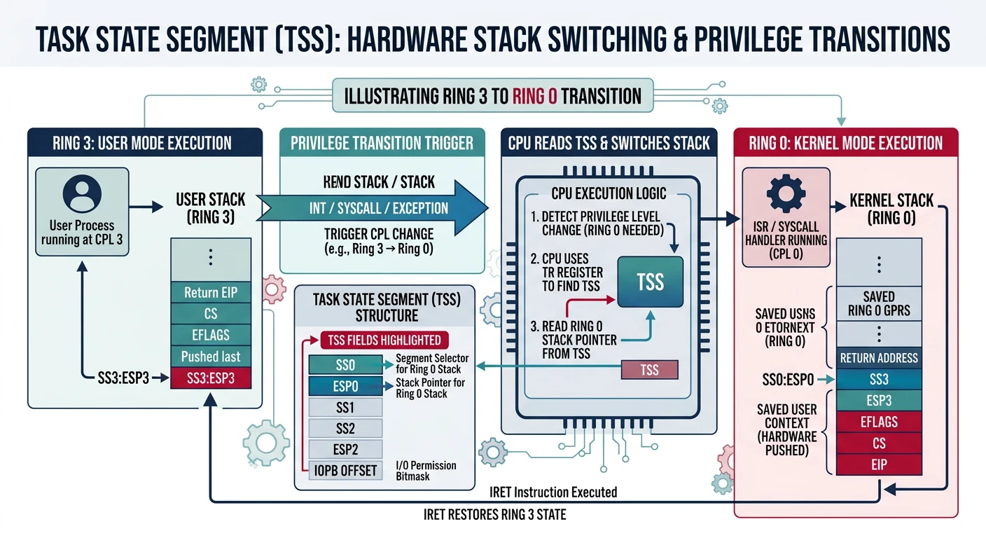TSS enabling kernel stack switch during Ring 3 to Ring 0 privilege transition