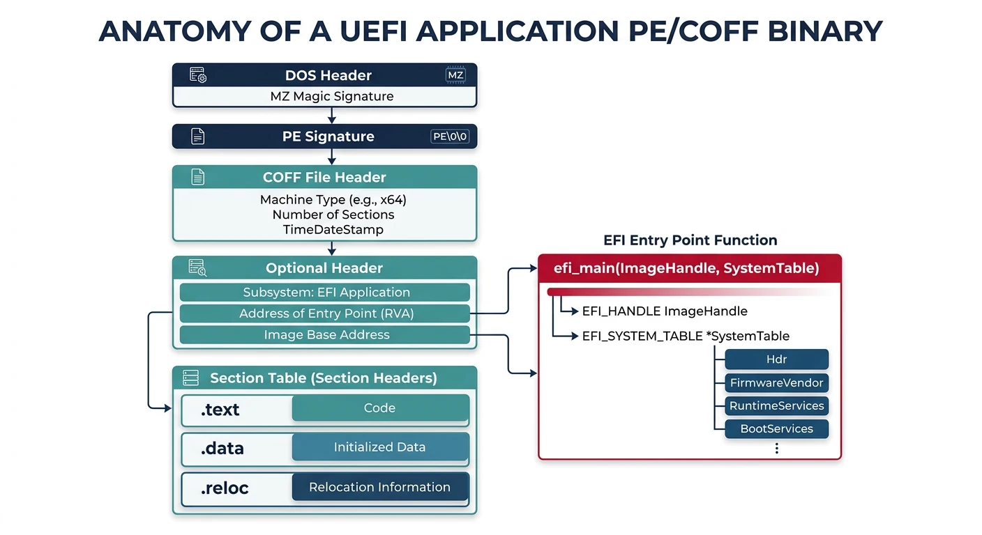 UEFI application PE/COFF executable structure and entry point