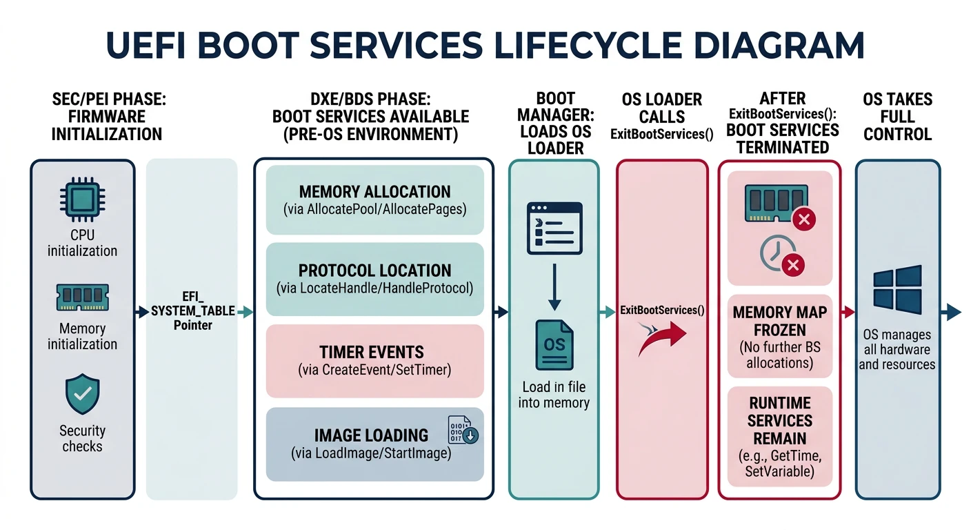 UEFI Boot Services lifecycle from initialization to ExitBootServices