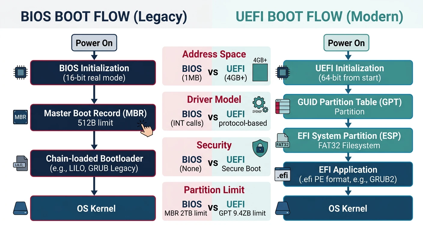 Comparison of BIOS and UEFI boot flow architecture