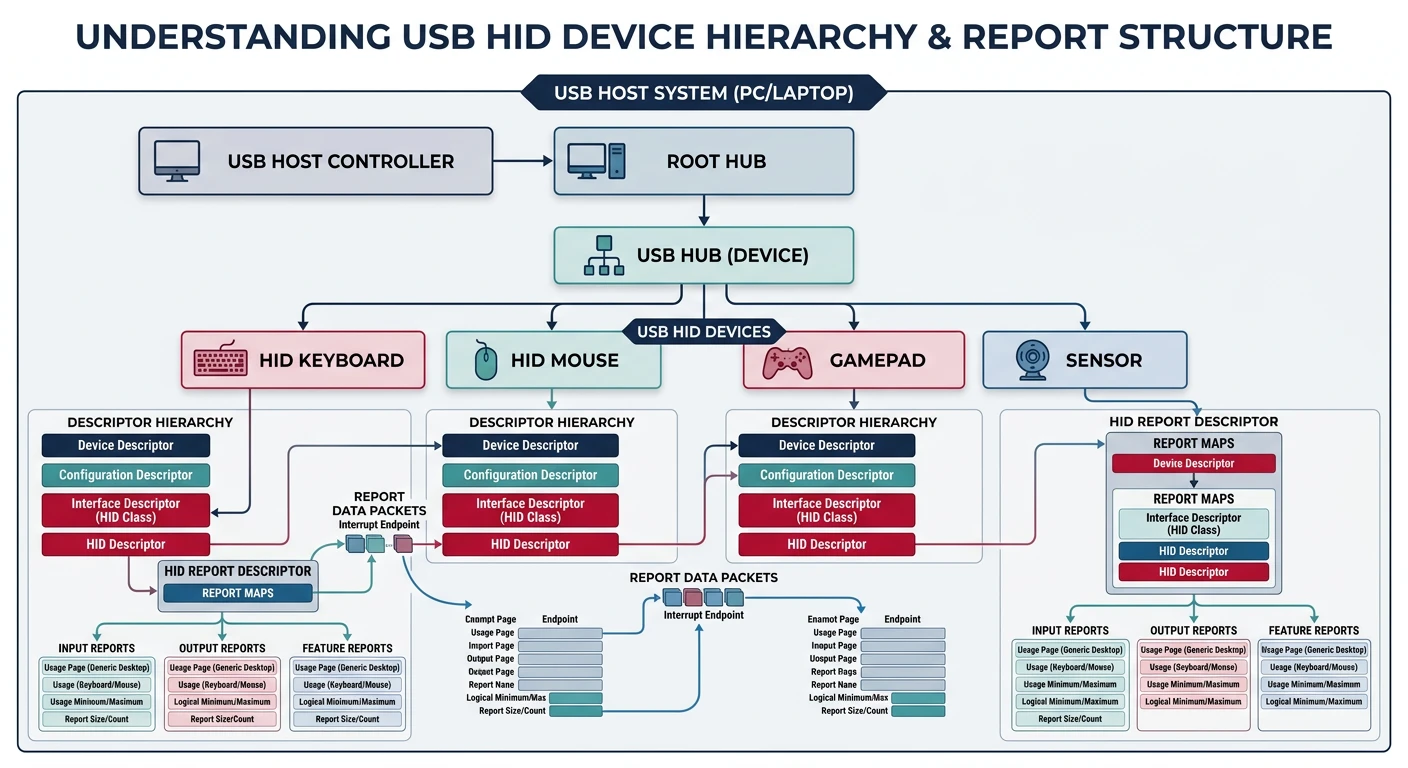USB HID device hierarchy with host controller, hubs, and HID reports