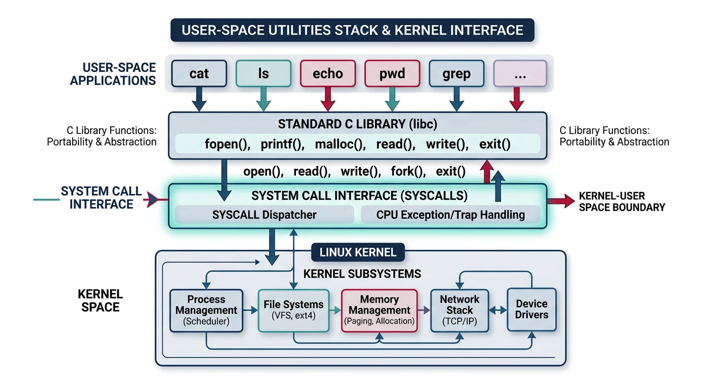 User-space utilities stack from cat/ls/echo through libc and syscall interface to kernel