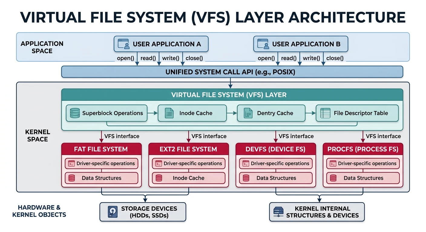 Virtual File System layer abstracting FAT, ext2, devfs, and procfs behind unified API