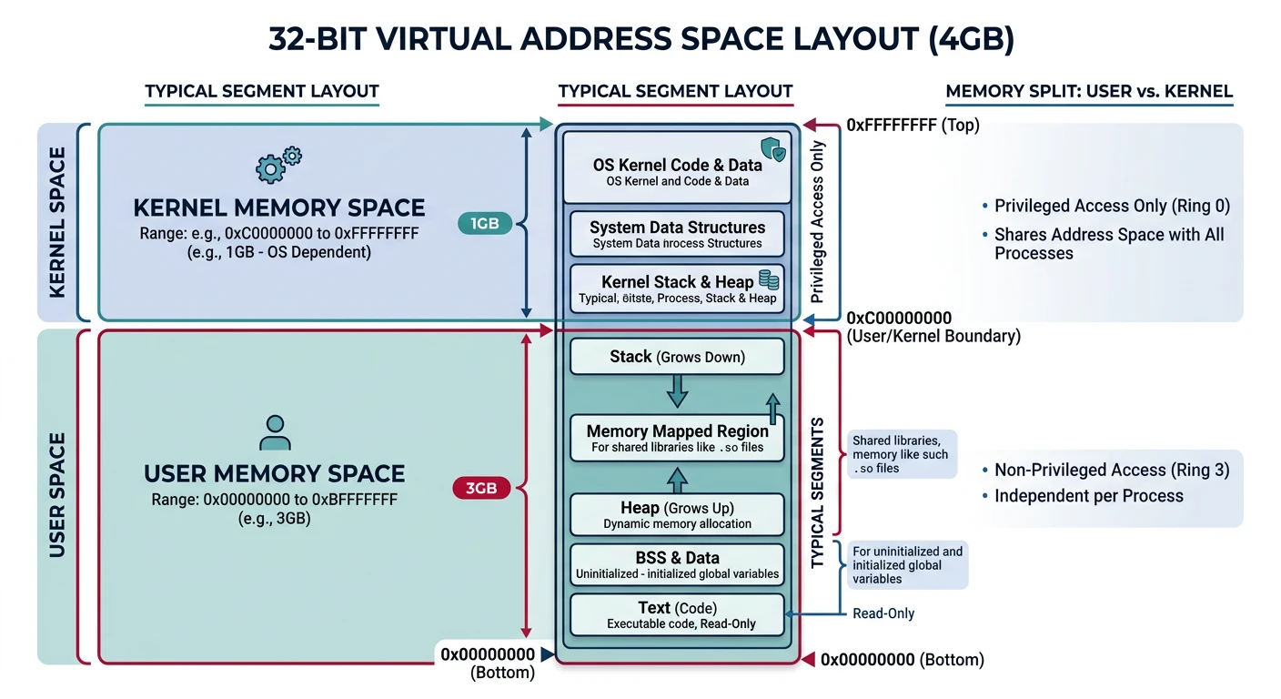 32-bit virtual address space layout showing kernel and user memory split