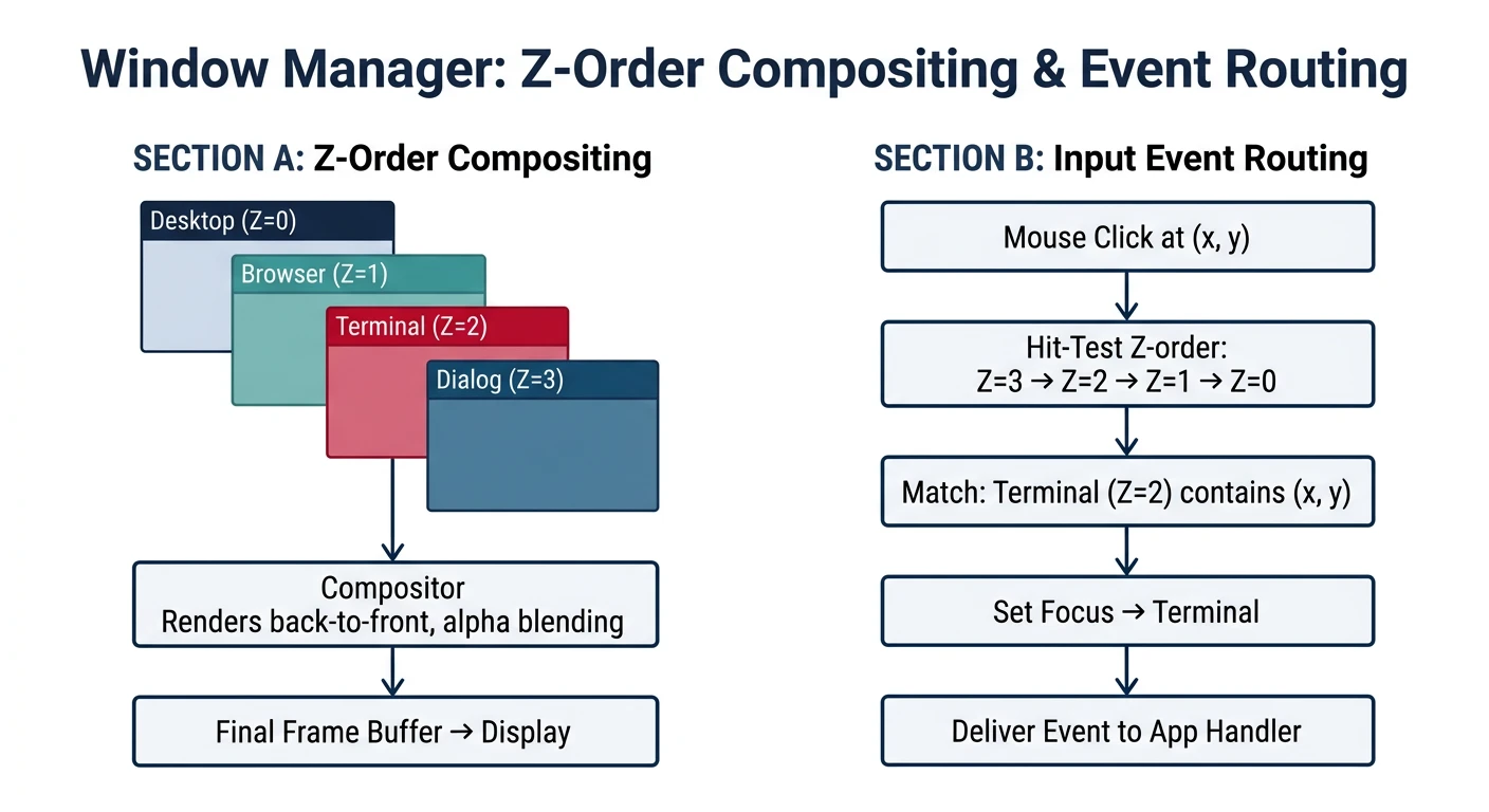 Window manager architecture with Z-order compositing and event routing