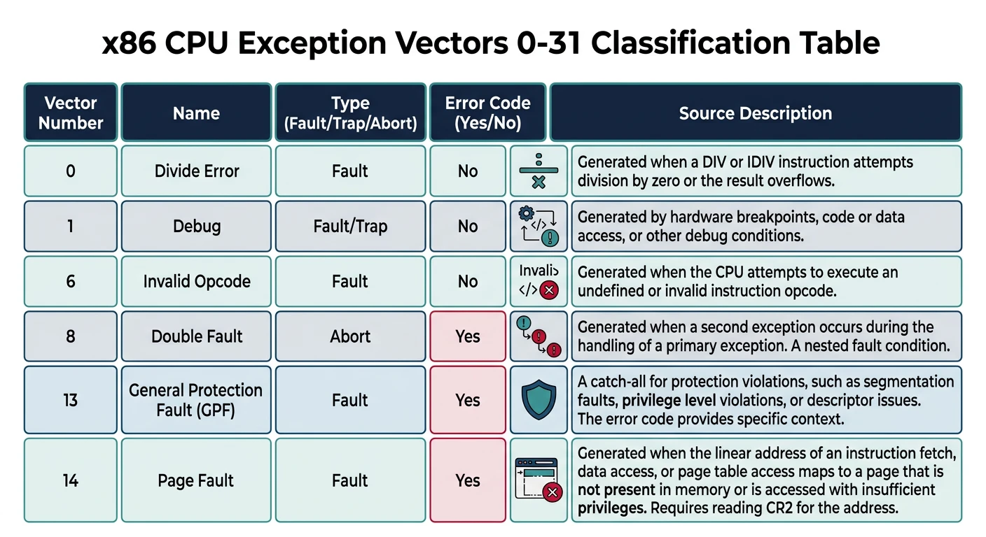 x86 CPU exception vectors 0-31 classification table