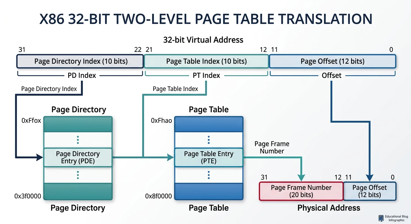 x86 32-bit two-level page table translation from virtual to physical address