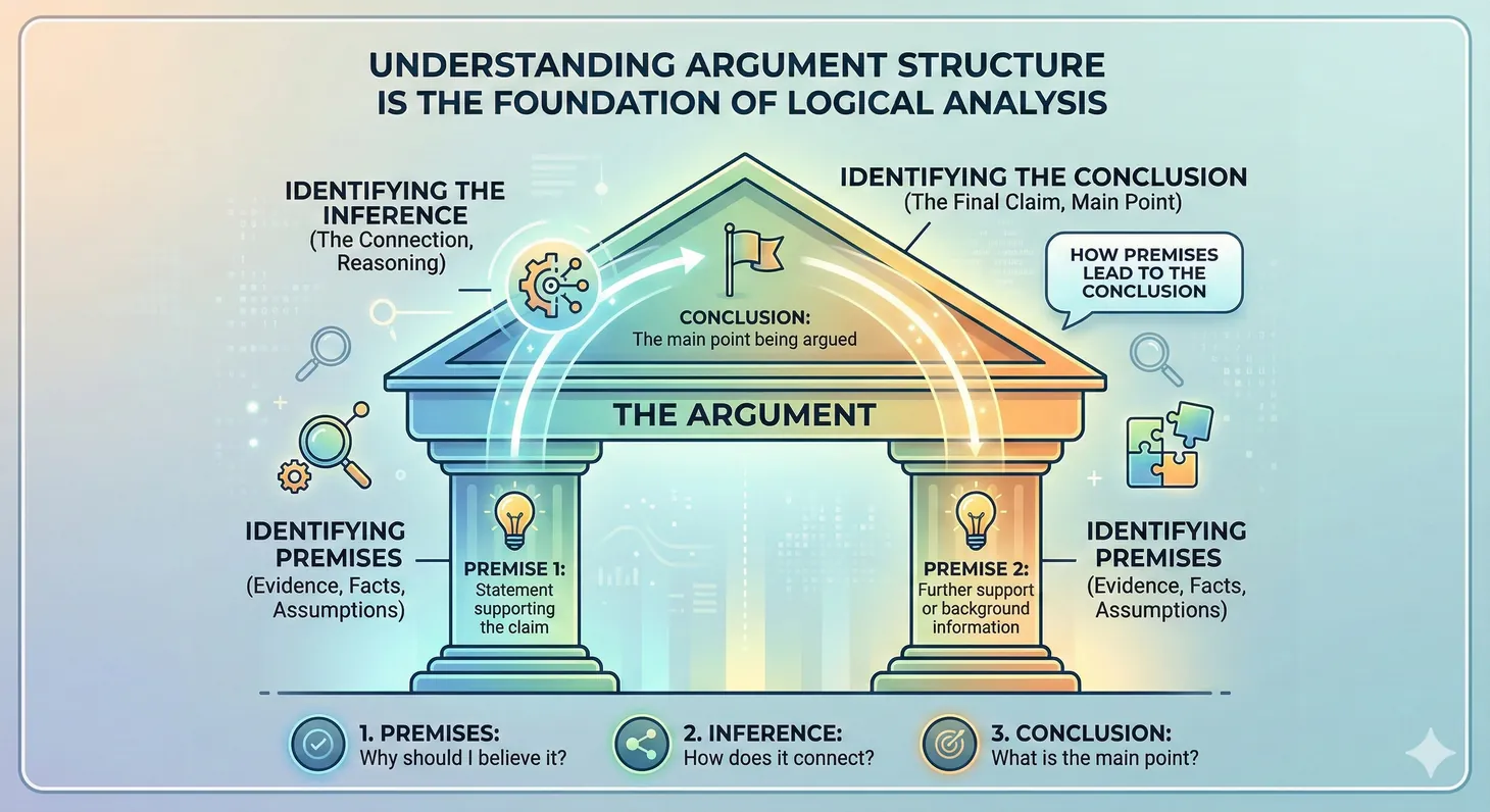 Exploded diagram showing the building blocks of an argument: premises, conclusion, and inference