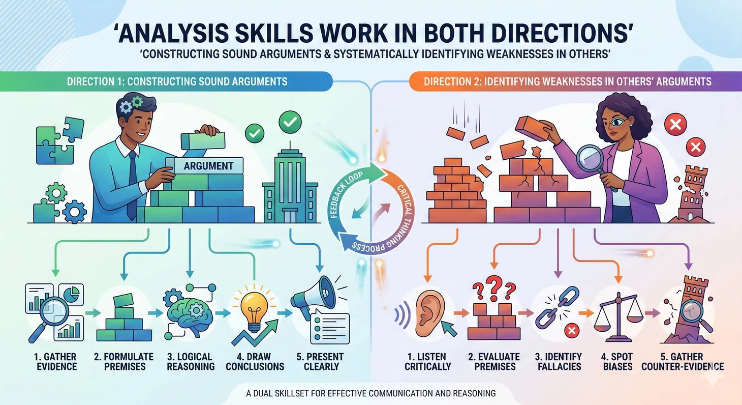 Dual-path diagram showing the steps for building strong arguments and the methods for critiquing weak ones