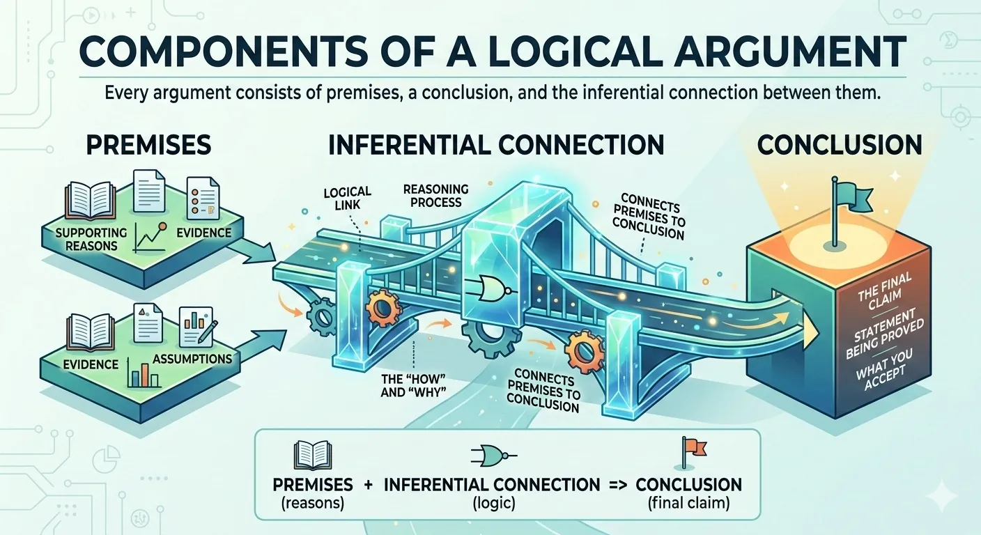 Diagram showing the structure of a logical argument with premises supporting a conclusion through inference