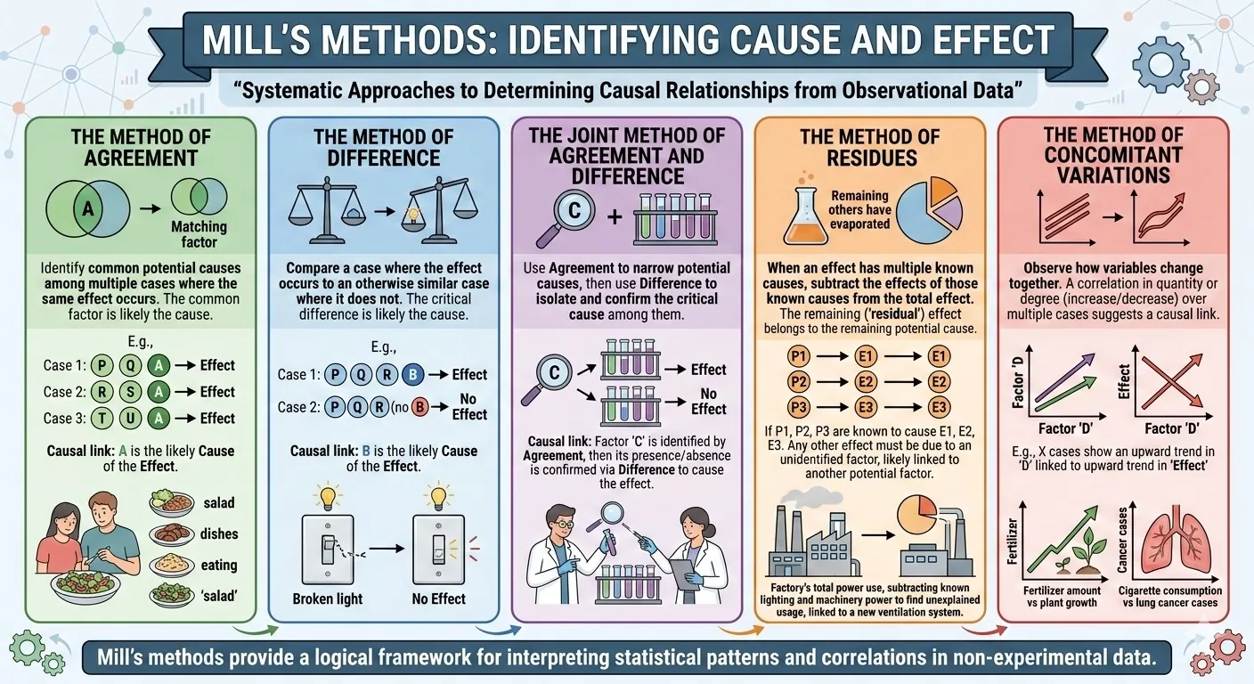 Diagram illustrating Mills methods of agreement, difference, and concomitant variation for identifying causes